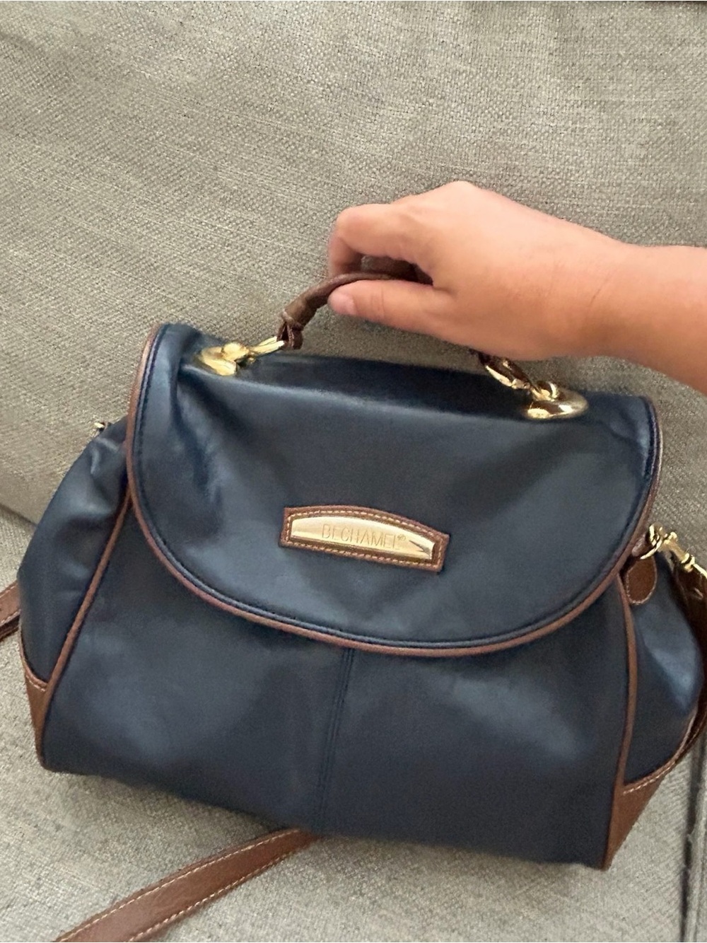 Bechamel navy and brown leather shoulder bag